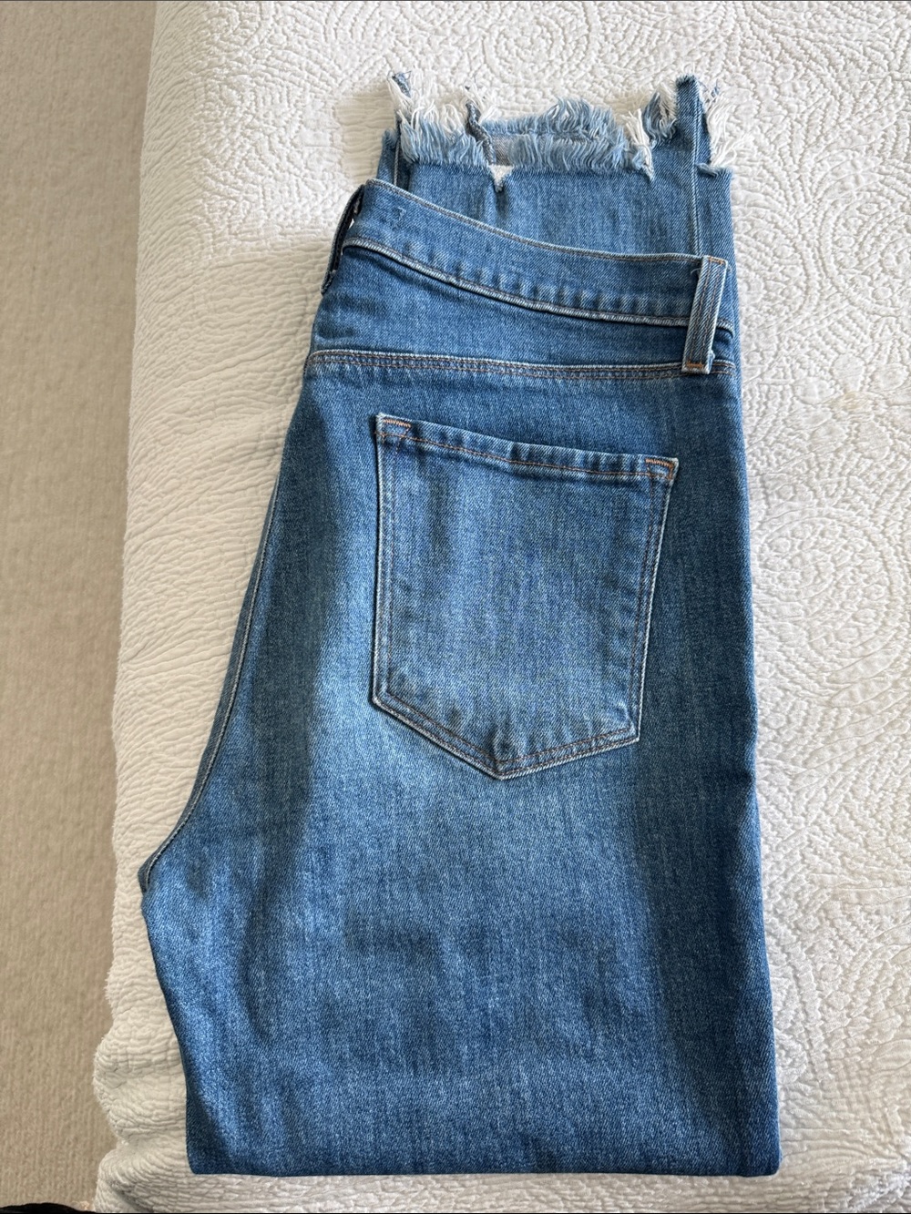 J Brand Blue High-Rise Straight Jeans with Raw Hem